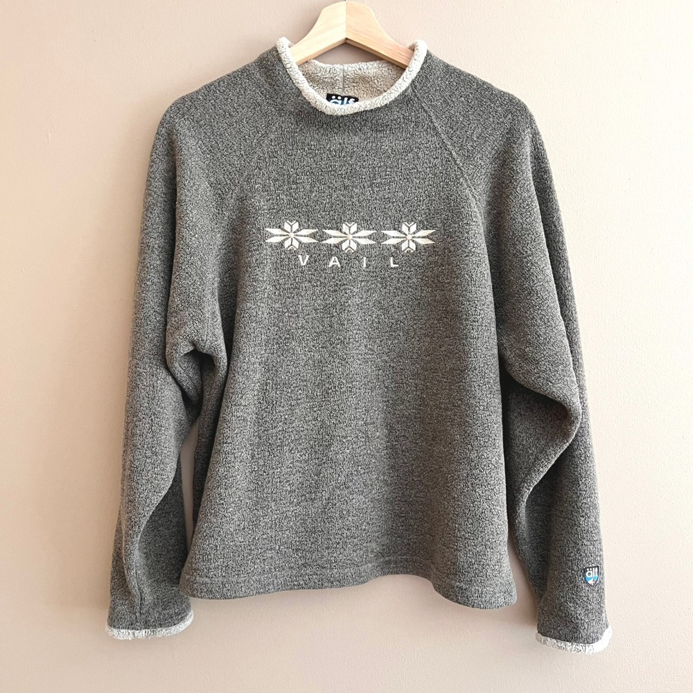 KUHL Alf Vail Fleece Pullover Grey Sherpa Trim Mock Neck Sweater Womens Large